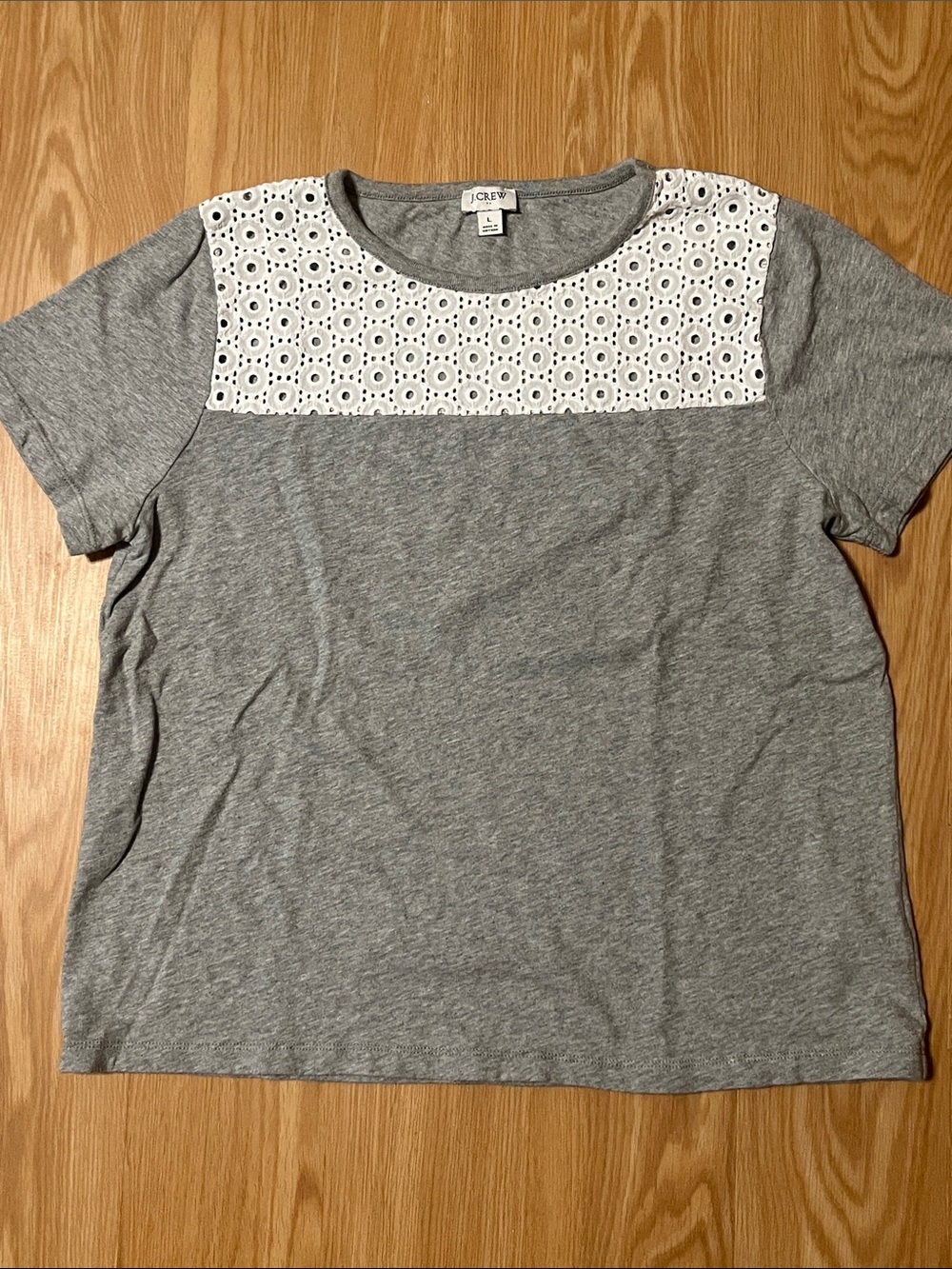 J. Crew Gray Short-Sleeve Tee with White Eyelet Yoke